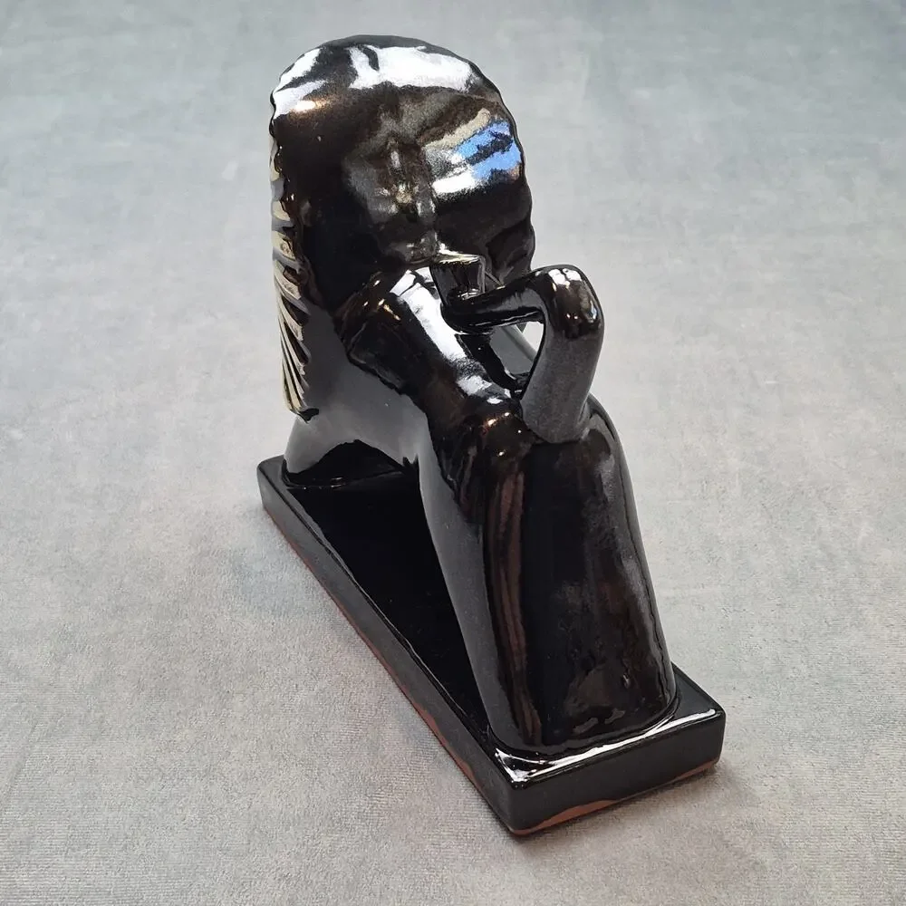 Mid Century Art Deco Roaring Lion Glossy Figurine Egyptian Reival Black & Gold